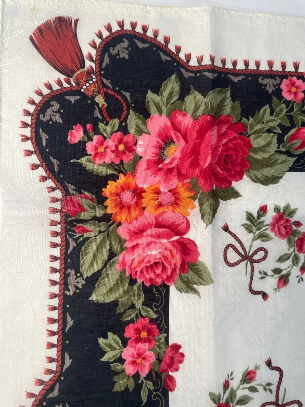 NWT Hardy Amies Vintage Floral Cotton Scarf Roses Tassel Border